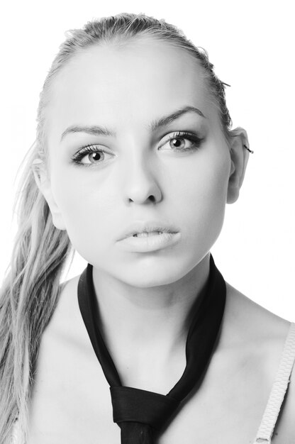 Young slim woman wearing bra on white background