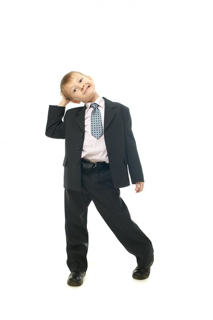 young smiling boy in costume isolated on white young businessman boy