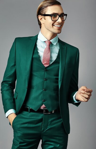 Янг, улыбаясь элегантный красивый бизнесмен мужской модели в костюме и модных очках