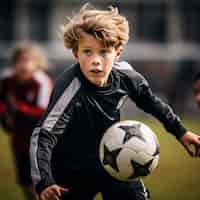 Бесплатное фото Молодой футболист во время матча с мячом