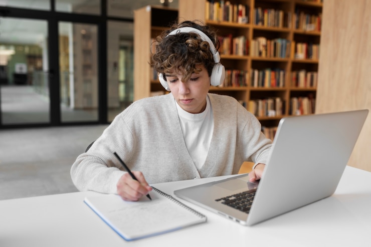 Free Photo young student learning in the library