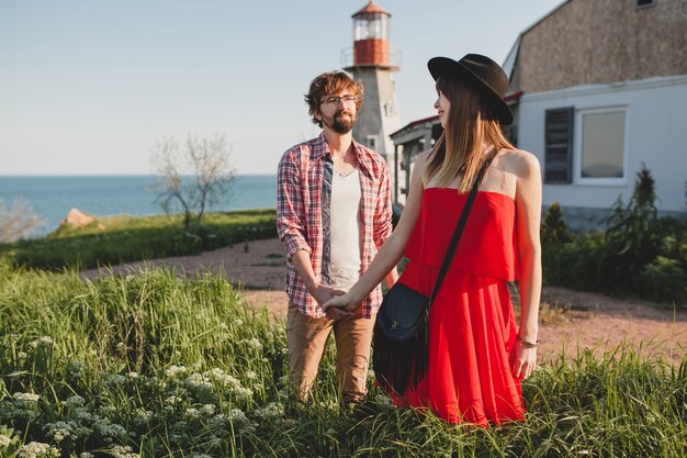 Young stylish couple in love in countryside