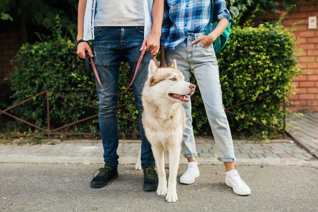 Young stylish couple walking with dog in street. man and woman happy together with husky breed,