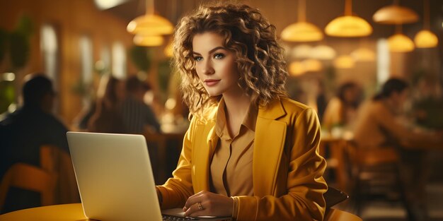 Young Stylish Female with Curly Hair Using Laptop Computer in Marketing Agency