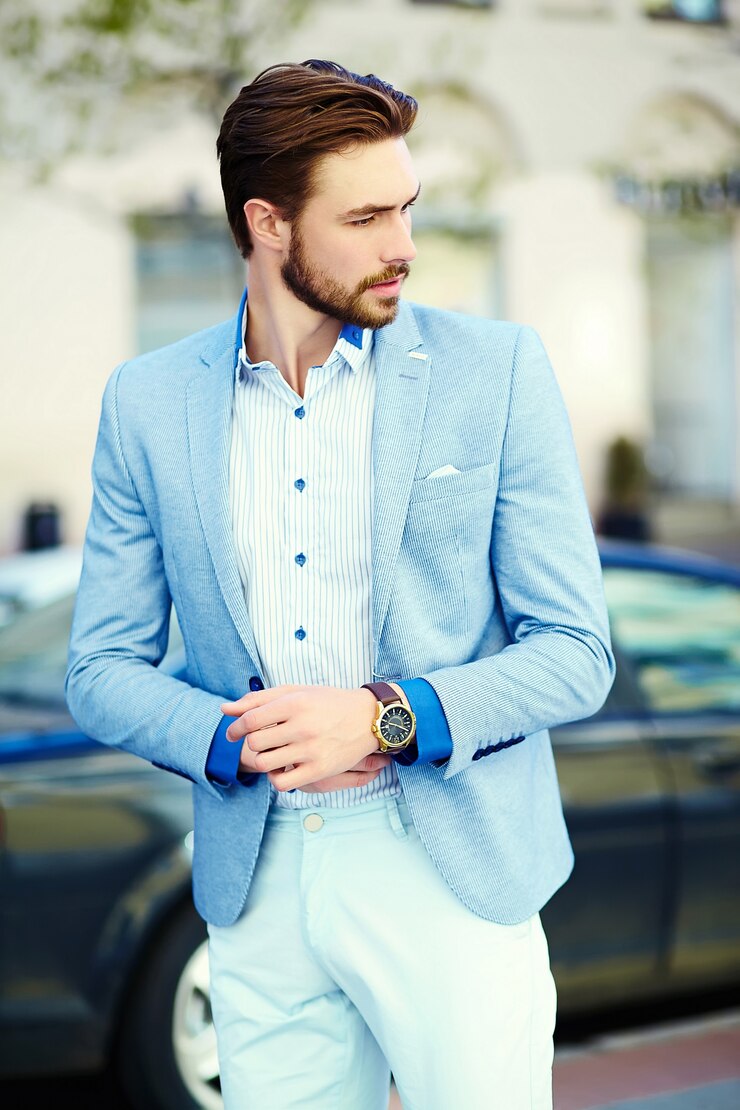 Free Photo young stylish handsome man in suit in the street