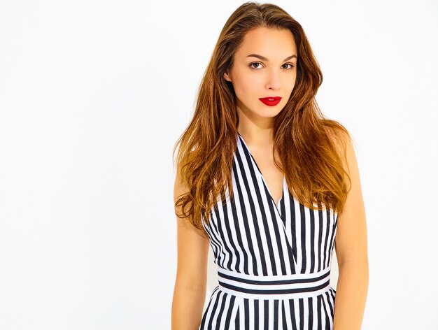 Young stylish smiling woman model in casual summer striped suit with red lips, isolated