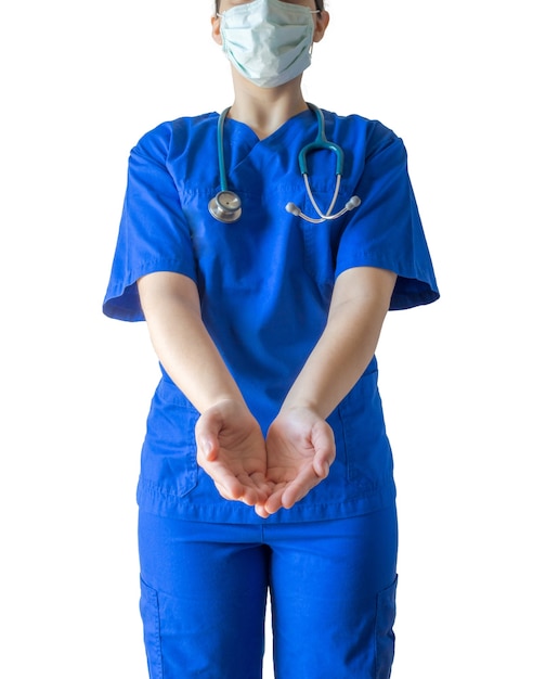 Young successful female doctor in a blue medical uniform and a mask showing empty hands for helping