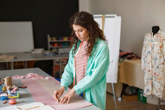 Young tailor thoughtfully drawing with soap on textile working in modern sewing workshop