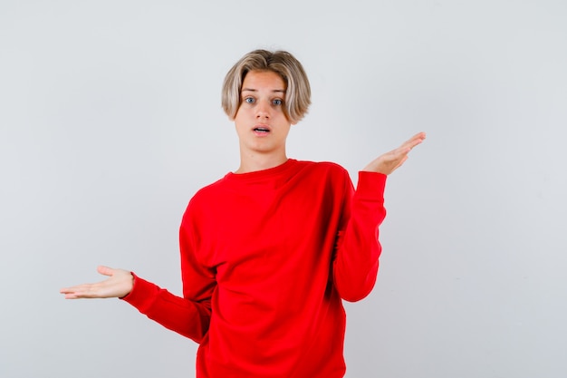 無力なジェスチャーを示し、困惑しているように見える赤いセーターの若い十代の少年、正面図。