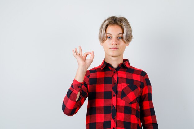 Young teen boy showing ok sign in checked shirt and looking confident. front view.