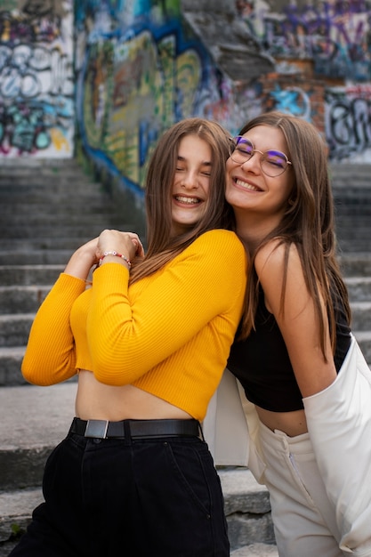 Young teenage girls recording reels of themselves outdoors for social media