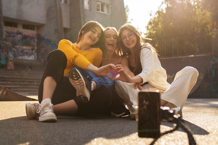 Free Photo young teenage girls recording reels of themselves outdoors for social media