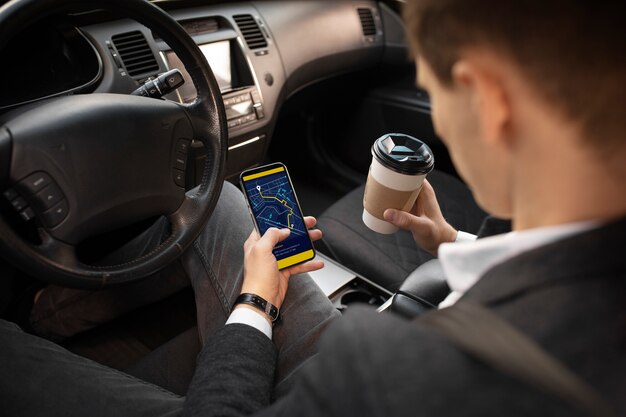Young uber driver in car interior
