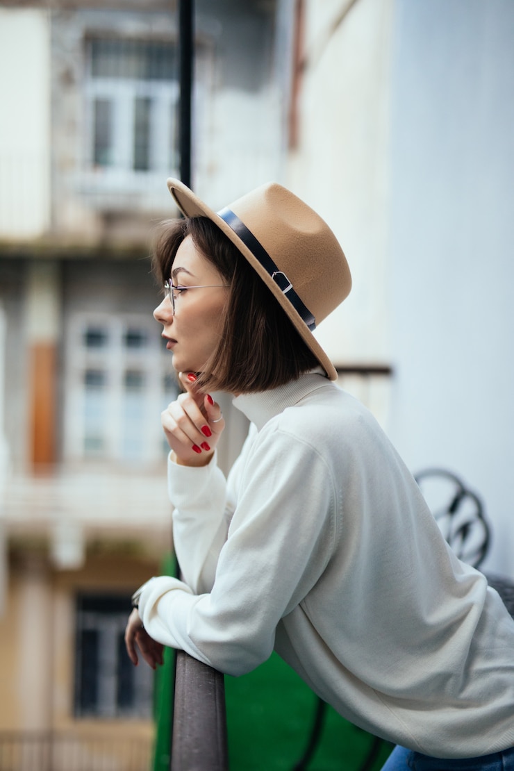 無料Photo 白いセーターと帽子のバルコニーに滞在の若い