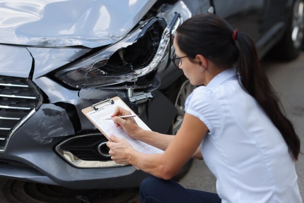Молодая женщина-агент сидит возле разбитой машины и записывает информацию в документы автострахования