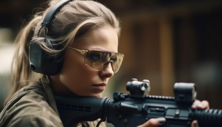 Free Photo young woman aiming rifle with protective eyewear generated by ai