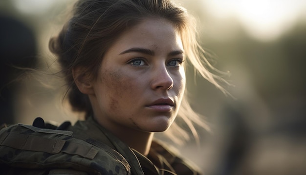 Foto gratuita giovane donna in uniforme dell'esercito sorriso fiducioso generato dall'intelligenza artificiale