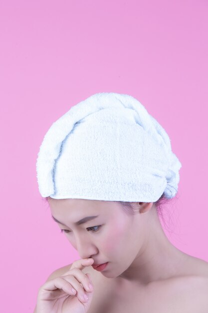 Young woman asia with clean fresh skin touch own face, Expressive facial expressions, Cosmetology and Spa.