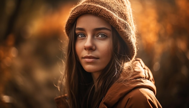 Молодая женщина в осеннем лесу счастливо улыбается, созданная ИИ