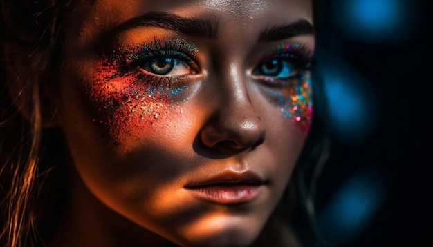Young woman beauty illuminated in black background generated by AI