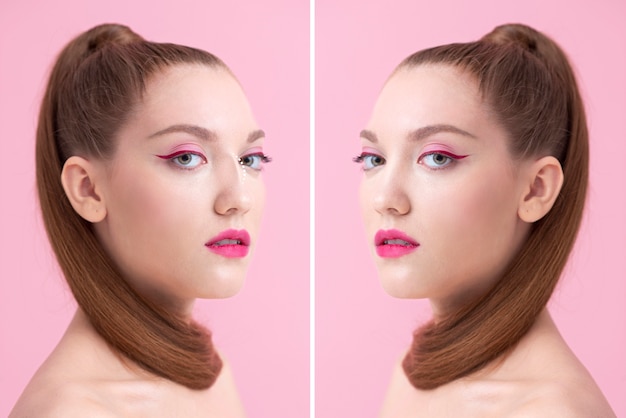 Young woman before and after rhinoplasty  side view