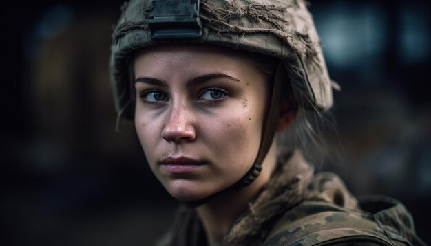 Young woman in camouflage confident in nature generated by AI