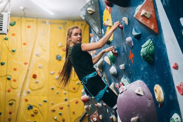 背の高い、屋内、人工のロッククライミングの壁を登る若い女性