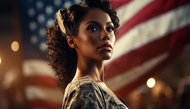 Foto gratuita giovane donna fiduciosa e patriottica che posa con la bandiera americana generata dall'intelligenza artificiale