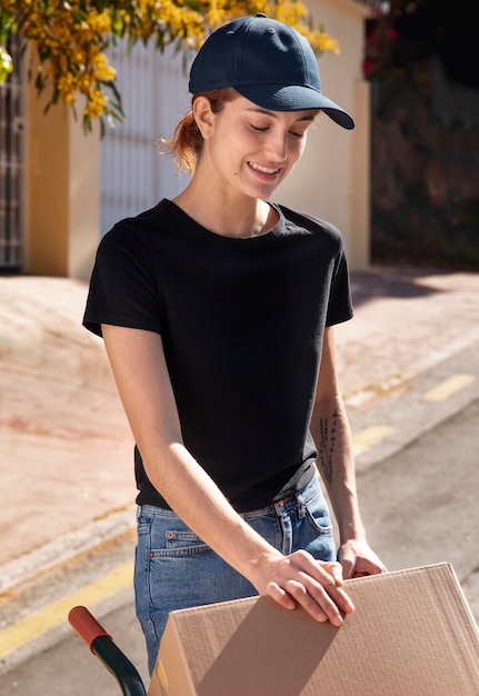 Free photo young woman delivering an order