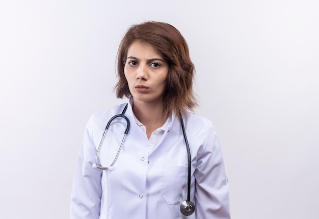 Молодая женщина-врач в белом халате со стетоскопом, глядя в камеру, смущена и обеспокоена