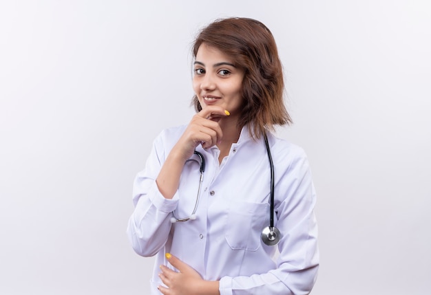 Young woman doctor in white coat with stethoscope smiling  with hand on chin standing over white wall