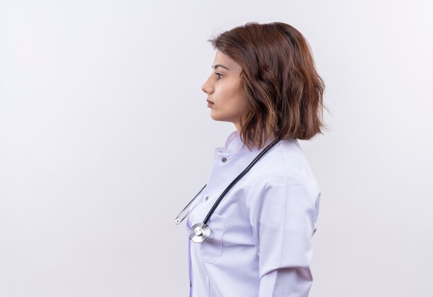 Young woman doctor in white coat with stethoscope standing sideways with serious face over white background