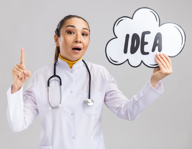 Молодая женщина-врач в белом медицинском халате со стетоскопом на шее держит знак речи пузырь с идеей слова, показывая указательный палец, выглядящий удивленным
