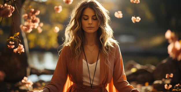 Young woman enjoying the beauty of autumn outdoors generated by artificial intelligence