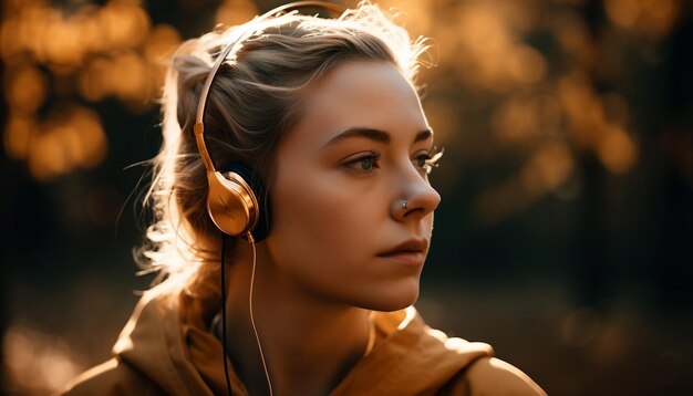 Young woman enjoying nature listening with headphones generated by AI