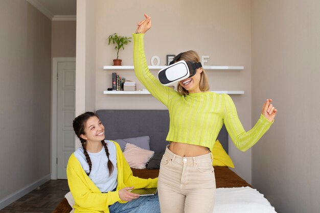 Young woman enjoying new technology vr glasses