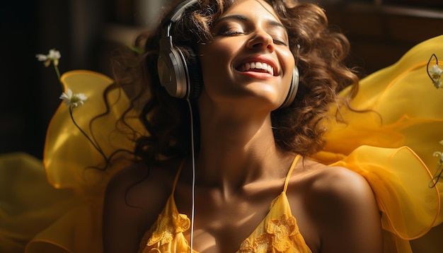 Free photo young woman enjoying the nightlife dancing and singing with headphones generated by artificial intelligence