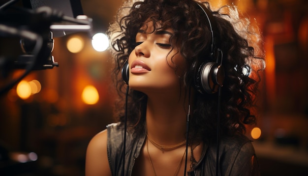 Молодая женщина наслаждается ночной жизнью, слушая музыку в наушниках, созданных искусственным интеллектом