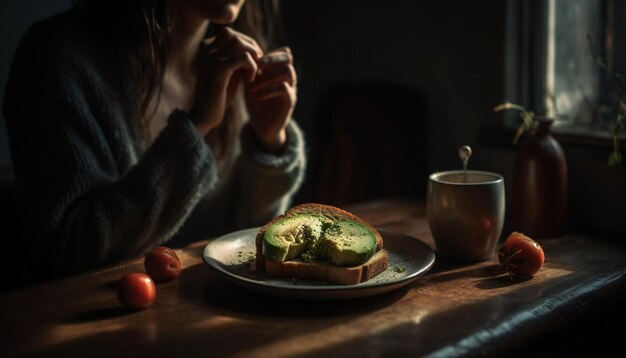 Young woman enjoys healthy lunch in kitchen generated by AI