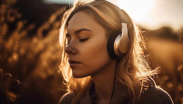 Young woman enjoys nature listening with headphones generated by AI