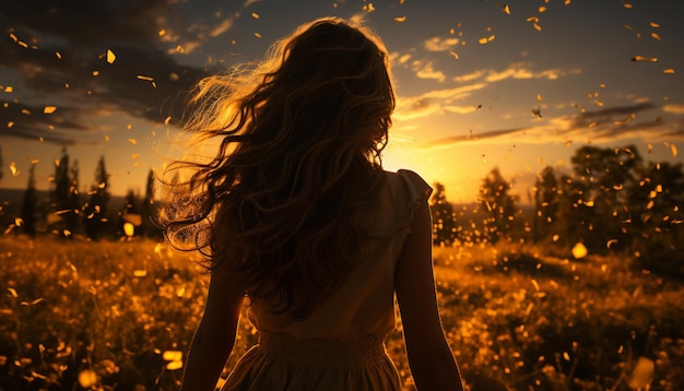 Молодая женщина наслаждается закатом, обнимая красоту природы, созданную искусственным интеллектом.