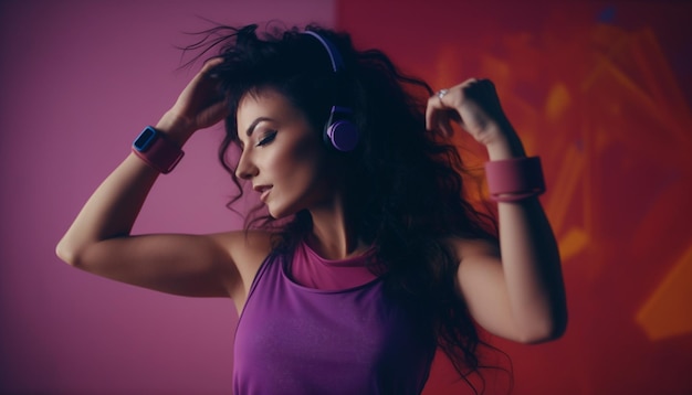 Молодая женщина слушает музыку в наушниках, танцуя с помощью ИИ