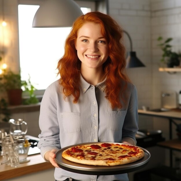 Молодая женщина счастлива выражение и пицца концепция ai генерируется