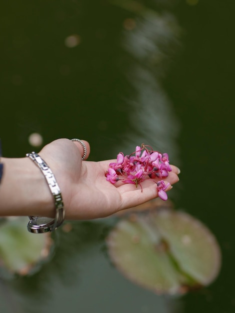 Young woman holding blosssom on hand palm putting on water in lake river in park