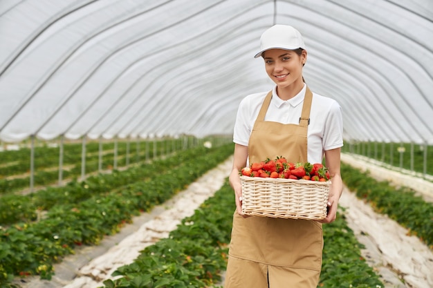 Young woman holding large delicious red strawberries