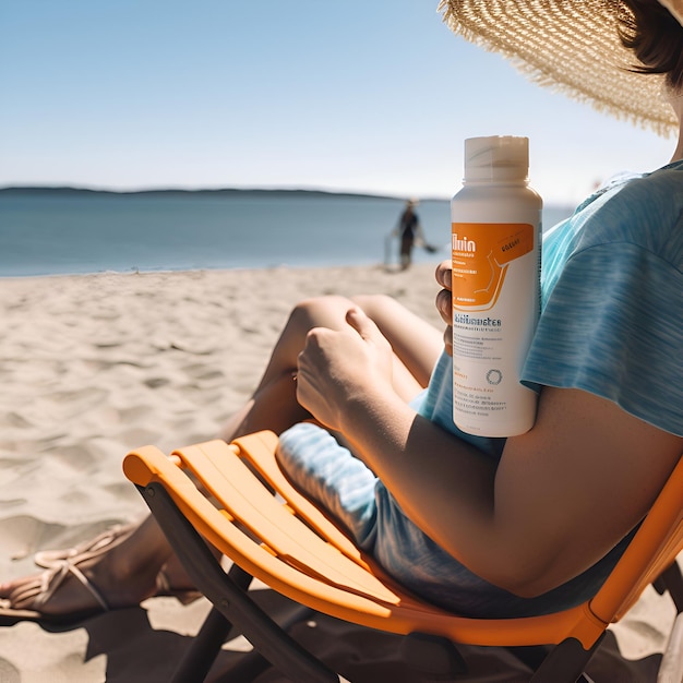 Young woman holding sunscreen lotion bottle sitting on a deck chair on the beach