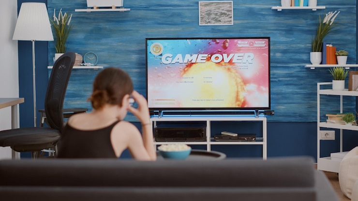 無料Photo テレビの前のコンソールでオンラインゲームを失ったため、アクションスペースシューティングゲームをプレイしているワイヤレスコントローラーを保持している若い女性。ゲームのパフォーマンスに不満を持ってソファに座っているゲーマーの女の子。