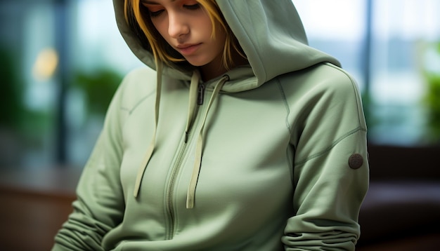 Foto gratuita giovane donna in camicia con cappuccio che sembra triste sotto la pioggia autunnale generata dall'intelligenza artificiale