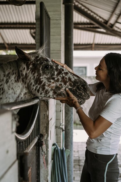 若い女性と馬、感情、ケア、愛情、優しさ、女性は馬を抱きしめてキスします。彼女の馬を抱き締める幸せな若い女性のクローズアップ。