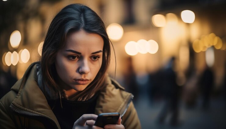 मुफ़्त फोटो young woman illuminated night texting on phone generated by ai